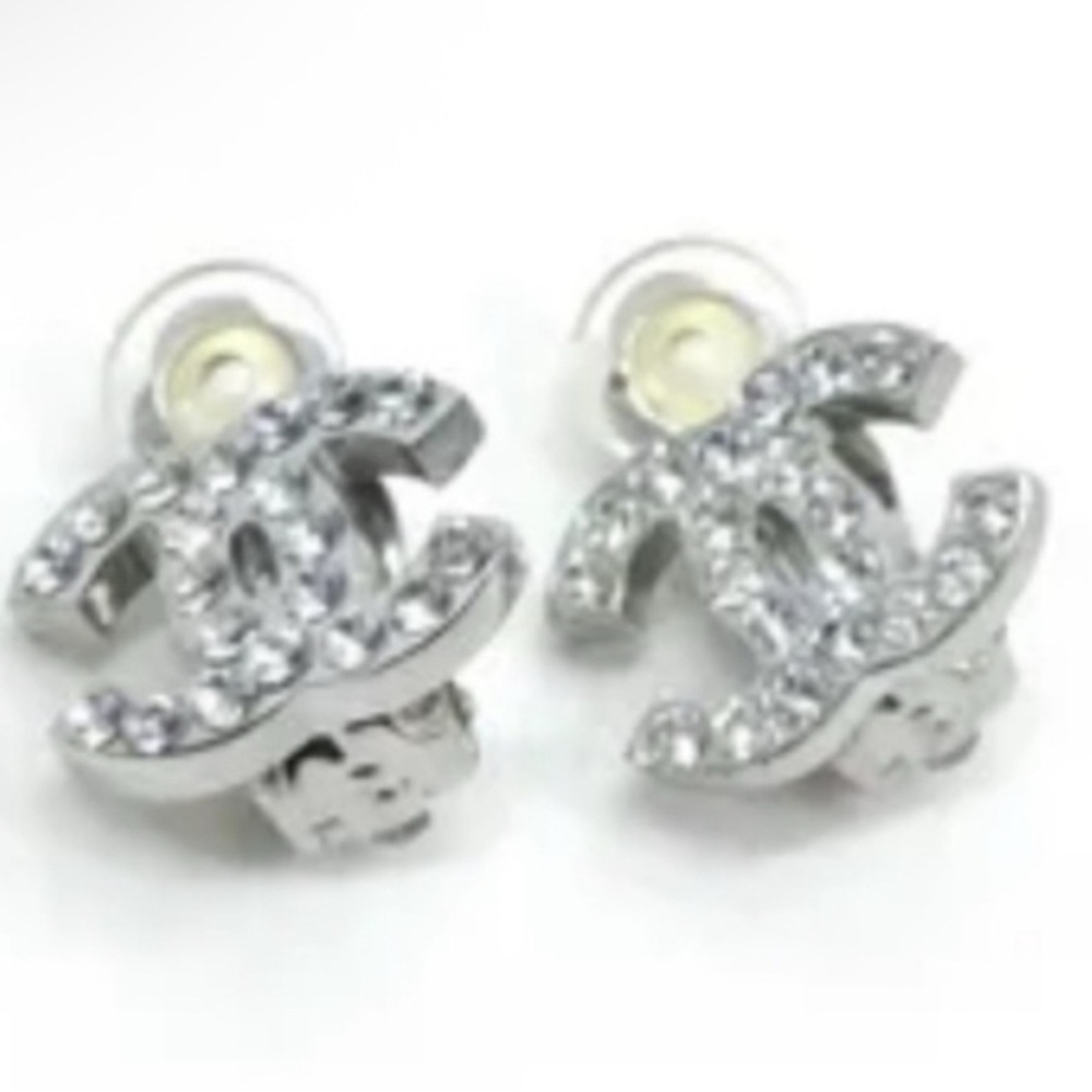 CHANEL Mini CC Logo Silver Crystal Earrings